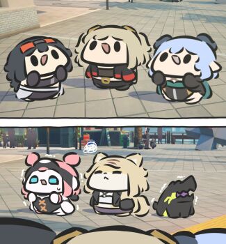 5girls aria_(zenless_zone_zero) arms_up black_hair blonde_hair blue_eyes blue_hair burnice_white chibi closed_eyes ethereal_(zenless_zone_zero) furry game_screenshot_background grace_howard highres lucia_elowen multiple_girls open_mouth pulchra_fellini robot robot_girl scared screenshot_background short_hair smile superappleman sweat trembling zenless_zone_zero