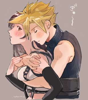 1boy 1girl arm_under_breasts bare_arms bare_shoulders black_hair black_sleeves blonde_hair blush breasts closed_eyes cloud_strife couple crop_top detached_sleeves earrings final_fantasy final_fantasy_vii final_fantasy_vii_remake from_side grey_background hand_on_another&#039;s_shoulder highres hug hug_from_behind jewelry large_breasts leaning_on_person long_hair midriff profile red_eyes ribbed_sweater short_hair simple_background sleeveless sleeveless_turtleneck spiked_hair stud_earrings suspenders sweater tank_top tifa_lockhart turtleneck turtleneck_sweater un_(6unsun9) upper_body white_tank_top