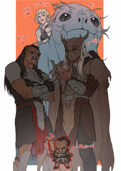 1girl 1other 3boys alien armor bifurcated_jaw blonde_hair blue_eyes broken_tooth bud_(predator) carapace colored_sclera dek_(predator) dreadlocks fangs father_and_son fingernails gauntlets glowing glowing_sword glowing_weapon highres holding holding_sword holding_weapon jaw kwei_(predator) loincloth mandibles mask multiple_boys nested_mouths njohrr_(predator) open_mouth pauldrons predator:_badlands predator_(series) reammara sharp_fingernails sharp_teeth short_hair shoulder_armor smile sword teeth thia_(predator) thigh_armor weapon yellow_eyes