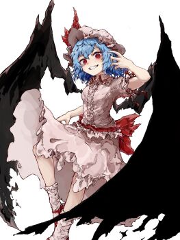 1girl bat_wings blue_hair collared_shirt commentary frilled_shirt_collar frills grin hat hat_ribbon highres looking_at_viewer mary_janes mob_cap myui17901139 pink_hat pink_shirt pink_skirt puffy_short_sleeves puffy_sleeves red_eyes red_shoes remilia_scarlet ribbon shirt shoes short_sleeves simple_background skirt skirt_set slit_pupils smile socks solo touhou white_background white_socks wings