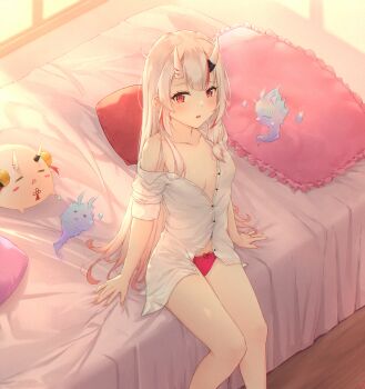1girl alternate_costume bed blush breasts collarbone envyvanity hair_between_eyes hitodama hololive long_hair looking_at_viewer nakiri_ayame open_mouth panties pillow poyoyo_(nakiri_ayame) red_eyes shirt silver_hair small_breasts solo underwear virtual_youtuber