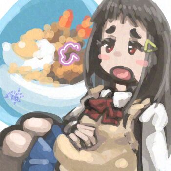 1girl :o artist_request bag blush_stickers brown_eyes brown_hair digimon digimon_beatbreak food hair_ornament hairclip long_hair school_bag school_uniform shinomiya_hitomi smile solo standing