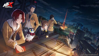 2boys 2girls absurdres animal arai_motoha artist_request bird black_hair blonde_hair blue_eyes blue_hair cellphone cloud copyright_name grey_pants grey_skirt head_rest highres holding holding_phone hood hood_down hoodie jacket kamishiro_nagisa kanou_shun lips lufel_(owl)_(p5x) lufel_(p5x) multiple_boys multiple_girls night night_sky official_art open_clothes open_jacket outdoors owl pants persona persona_5 persona_5:_the_phantom_x phone pink_lips plaid_clothes plaid_pants plaid_skirt red_eyes red_hair shirt short_hair skirt sky tanemura_riko third-party_source tokyo_tower white_shirt
