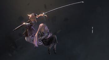 Rule 34 | 10s, 2girls, bad id, bad twitter id, bow, brown eyes, closed mouth, dress, expressionless, flat chest, hair between eyes, hair bow, high heels, highres, holding, holding sword, holding weapon, huge weapon, katana, long hair, long skirt, long sleeves, looking away, mashiko kaoru, multiple girls, off-shoulder dress, off shoulder, pantyhose, pink hair, renatus.z, school uniform, short dress, side ponytail, skirt, sword, thighhighs, toji no miko, tsubakuro yume, twintails, very long hair, weapon, white legwear, zettai ryouiki