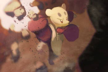 blurry blurry_foreground chromatic_aberration commentary_request debris full_body gen_5_pokemon kicking looking_at_viewer mienfoo mine101 nintendo no_humans pokemon pokemon_(creature) rock solo v-shaped_eyebrows