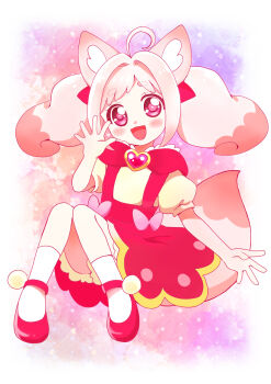 Rule 34 | 1girl, ahoge, animal ears, bow, bow skirt, brooch, colorful background, delicious party precure, floating, fox ears, fox girl, fox tail, hair intakes, hair ribbon, heart, heart brooch, highres, jewelry, knees up, kome-kome, kome-kome (human), kyanos (b 0000ff), mary janes, medium hair, medium skirt, pink bow, pink eyes, pink hair, precure, puffy short sleeves, puffy sleeves, red ribbon, red shoes, red skirt, ribbon, shirt, shoes, short sleeves, skirt, socks, solo, suspender skirt, suspenders, tail, twintails, waving, white socks, yellow shirt