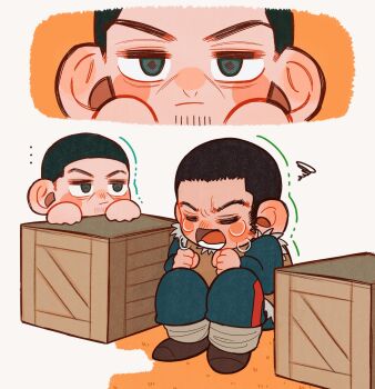 2boys black_hair blank_stare blue_jacket blue_pants blush box buzz_cut chibi collared_jacket crying facial_hair gaiters gen_(gen0414) golden_kamuy highres jacket long_sideburns male_focus military military_uniform multiple_boys nose_blush pants peeking_out sequential short_hair sideburns sitting sobbing staring stubble tanigaki_genjirou tears thick_eyebrows tsukishima_hajime very_short_hair