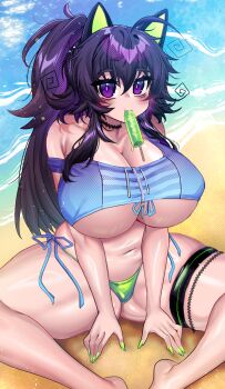 Rule 34 | 1girl, ahoge, animal ears, beach, bikini, bikini bottom only, black choker, black hair, breasts, choker, cleavage, collarbone, crawling dreams, food, food in mouth, green bikini, green nails, hair between eyes, highres, huge breasts, long hair, navel, nyarla (osiimi), ocean, osiimi, popsicle, purple eyes, shore, side-tie bikini bottom, sitting, solo, swimsuit, thigh strap, thighs, underboob, zipper
