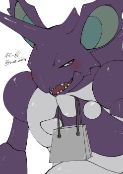 artist_name bag blush claws embarrassed flat_color gen_1_pokemon half-closed_eyes hand_up highres holding holding_bag horns ka_ei_volltis looking_to_the_side nidoking nintendo open_mouth pokemon pokemon_(creature) purple_eyes sharp_teeth shy signature simple_background single_horn sketch solo teeth twitter_username upper_body white_background