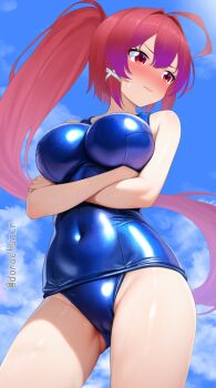 Rule 34 | 1girl, ahoge, blue one-piece swimsuit, blush, breasts, cameltoe, commentary request, covered navel, cowboy shot, crossed arms, dorachan r, from below, hair ribbon, highres, i-168 (kancolle), impossible clothes, impossible swimsuit, kantai collection, large breasts, long hair, looking to the side, nose blush, old school swimsuit, one-piece swimsuit, ponytail, red eyes, red hair, ribbon, school swimsuit, shiny swimsuit, solo, swimsuit, twitter username