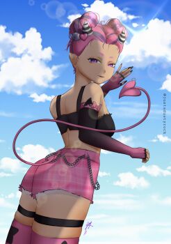 Rule 34 | 1girl, alternate hairstyle, bare shoulders, bell, black nails, black shirt, blue sky, bow, chain, cloud, commentary, crop top, dark-skinned female, dark skin, day, demon girl, demon horns, demon tail, double bun, elbow gloves, english commentary, eyelashes, fingerless gloves, fingernails, gloves, gradient gloves, hair bell, hair bun, hair ornament, heart, heart hair ornament, highres, horns, ironmouse, ironmouse (pink rock), justadustyrock, lens flare, looking back, midriff, multicolored hair, multicolored horns, nail polish, official alternate costume, outdoors, piercing, pink bow, pink hair, pink shorts, plaid clothes, plaid shorts, purple eyes, purple hair, shirt, short hair, shorts, signature, sky, small horns, solo, striped horns, tail, tail ornament, tail piercing, tan, thigh strap, thighhighs, torn clothes, torn shorts, twitter username, two-tone hair, two-tone horns, virtual youtuber, vshojo, zettai ryouiki