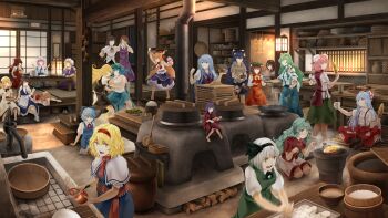 6+girls @_@ alice_margatroid arkatopia arm_up arms_up ascot baking_sheet barefoot black_hair black_skirt black_vest blonde_hair blue_dress blue_eyes blue_hair bowl brown_hair bucket cellphone chen chopsticks cirno closed_eyes cooking corn cup curly_hair double_bun dress eating firewood food frog_hair_ornament fujiwara_no_mokou gourd green_hair green_skirt grill grilling grin hair_between_eyes hair_bobbles hair_bun hair_ornament hairband hakurei_reimu hand_pump hat headdress highres holding holding_bowl holding_chopsticks holding_cup holding_food holding_phone horn_ornament horn_ribbon horns ibaraki_kasen ibuki_suika indian_style japanese_clothes kamishirasawa_keine kawashiro_nitori kijin_seija kimono kirisame_marisa kitchen kochiya_sanae komano_aunn konpaku_youmu ladle long_hair looking_at_another looking_at_viewer luna_child lying masu mini_person minigirl mob_cap mochi motion_blur multiple_girls no_headwear on_stomach onion open_mouth orange_hair paw_pose peeling phone pinafore_dress pink_hair plaid_clothes plaid_skirt plaid_vest plate puffy_short_sleeves puffy_sleeves pump red_eyes red_skirt red_vest ribbon rice saigyouji_yuyuko school_uniform seiza semi-rimless_eyewear shameimaru_aya shelf shichirin shirt short_hair short_sleeves silver_hair sink sitting skirt skirt_set sleeveless sleeveless_dress sleeveless_shirt smartphone smile snake_hair_ornament standing star_sapphire stove sukuna_shinmyoumaru sunny_milk table taking_picture tokin_hat touhou triangular_headpiece twintails under-rim_eyewear usami_sumireko very_long_hair vest water_pump white_legwear wrestling yakitori yakumo_yukari yellow_ascot yellow_eyes yorigami_shion