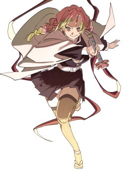 Rule 34 | 1girl, absurdres, blush, braid, demon slayer uniform, full body, green eyes, green hair, haori, highres, holding, holding sword, holding weapon, japanese clothes, kanroji mitsuri, kimetsu no yaiba, looking at viewer, pink hair, pnpk 1013, sandals, sash, smile, solo, standing, standing on one leg, sword, thighhighs, twin braids, weapon, white sash