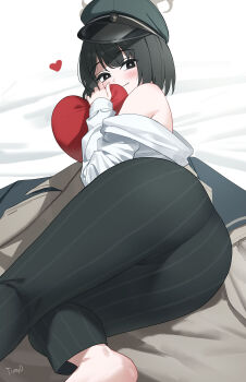 1girl absurdres ass black_eyes blue_archive brown_halo green_hat halo hat heart heart-shaped_pillow highres hiromi_(blue_archive) pants peaked_cap pillow shirt solo striped_clothes striped_pants tomid vertical-striped_clothes vertical-striped_pants white_shirt