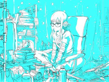 10s 1girl ahoge alarm_clock animated animated_gif atelier_gokujou blinking book can chair chopsticks clock cup curtains female_focus glasses headphones indian_style indoors jack_frost_(megami_tensei) jacket long_hair monitor monochrome mug open_mouth outstretched_arm persona persona_5 router sakura_futaba sitting sketch solo star_(symbol) striped yawning