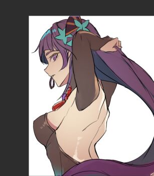 1girl alternate_costume armpits arms_up back blunt_bangs breasts bridal_gauntlets butterfly_hair_ornament close-up commentary_request detached_collar fan_hair_ornament floating_hair formal_clothes from_side genshin_impact hair_floating_upwards hair_ornament hair_tie_in_mouth japanese_clothes long_hair looking_at_viewer looking_to_the_side mouth_hold neck_ribbon purple_eyes raiden_shogun red_ribbon ribbon sideboob sketch solo suit tying_hair unfinished upper_body yu_kitsune