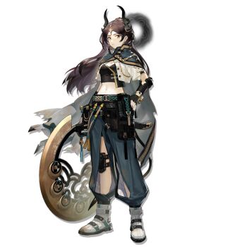 1girl aqua_cape aqua_pants arknights black_horns black_shirt brown_hair cape closed_mouth collared_cape cropped_jacket cropped_shirt five-fall floating_cape floating_hair freckles full_body halo halo_behind_head hand_on_own_hip highres horns jacket jieyun_(arknights) midriff navel official_art pants parted_bangs serious shirt simple_background solo standing strapless tachi-e third-party_source transparent_background white_jacket yellow_eyes