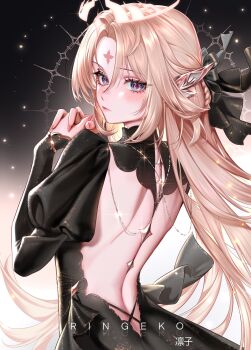 1girl absurdres alternate_costume artist_name backless_dress backless_outfit black_dress blonde_hair blue_eyes closed_mouth commentary dress english_commentary facial_mark fingernails forehead_mark from_behind genshin_impact gradient_background grey_background hair_ornament halo hands_up highres interlocked_fingers juliet_sleeves light_blush linea_alba long_fingernails long_hair long_sleeves looking_at_viewer looking_back nicole_(genshin_impact) paid_reward_available puffy_sleeves ringeko-chan shoulder_blades solo symbol-shaped_pupils upper_body