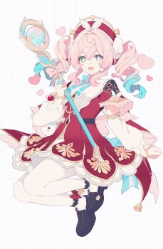 Rule 34 | 1girl, aqua bow, aqua bowtie, aqua eyes, aqua hair, black shoes, bow, bowtie, commentary, dress, drill hair, floral print, full body, gradient hair, grid background, hair between eyes, hair intakes, hat, highres, holding, holding staff, honkai: star rail, honkai (series), hyacine (honkai: star rail), ki ii37, layered dress, loafers, looking at viewer, multicolored hair, open mouth, pantyhose, pink hair, platform shoes, pouch, red dress, revision, shoes, sidelocks, smile, sparkling eyes, staff, twin drills, two-tone hair, untranslatable commentary, white pantyhose