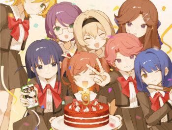 6+girls :d ^_^ aijo_karen animal-shaped_pillow anniversary bell birthday_cake black_hair black_hairband blonde_hair blue_eyes blue_hair blunt_bangs blush bow bowtie brown_hair cake closed_eyes closed_mouth collared_shirt commentary confetti curtained_hair cushion daiba_nana dot_nose double-parted_bangs facing_viewer flipped_bangs food fruit glasses green_eyes grey_jacket grey_skirt hair_bell hair_between_eyes hair_ornament hairband hanayagi_kaoruko hand_fan hand_up head_tilt highres holding holding_cushion holding_fan holding_phone holding_plate hoshimi_junna isurugi_futaba jacket kagura_hikari leaning_to_the_side long_hair long_sleeves looking_at_viewer mr._white_(revue_starlight) multiple_girls one_eye_closed one_side_up open_clothes open_jacket open_mouth outstretched_arm parted_bangs parted_lips party phone pink_hair plate pleated_skirt purple_eyes purple_hair red_bow red_bowtie saijo_claudine school_uniform seisho_music_academy_school_uniform shirt shirt_tucked_in short_hair shoujo_kageki_revue_starlight sidelocks skirt smile standing strawberry strawberry_cake swept_bangs tendo_maya tsuyuzaki_mahiru v video_call white_shirt x_hair_ornament yellow_background yellow_eyes youmi_zzz