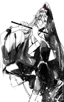 Rule 34 | 1boy, aki uzuzame, chenqing flute, chinese clothes, closed mouth, commentary request, dizi, flute, greyscale, hair between eyes, hanfu, high ponytail, highres, holding, holding flute, holding instrument, instrument, light particles, long hair, long sleeves, looking at viewer, male focus, modao zushi, monochrome, music, playing flute, playing instrument, ponytail, robe, simple background, sitting, solo, spot color, transverse flute, twitter username, very long hair, wei wuxian, white background, wide sleeves