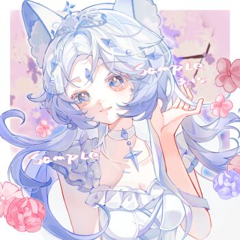 Rule 34 | 1girl, absurdres, animal ear fluff, animal ears, blue eyes, border, choker, closed mouth, collarbone, colored eyelashes, dress, eyelashes, fang, fang out, flower, forehead jewel, frills, gem, gradient hair, hair ornament, highres, lips, liu letian, long hair, looking at viewer, multicolored hair, original, outside border, parted bangs, pink flower, purple hair, sample watermark, sidelocks, solo, square, tiara, upper body, watermark, white border, white dress, white eyelashes