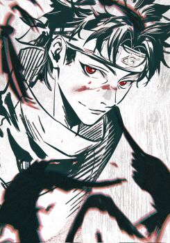 1boy bird blood blood_on_face closed_mouth commentary crow greyscale high_collar highres looking_at_viewer male_focus momoyoru1 monochrome naruto_(series) naruto_shippuuden red_eyes short_hair sideburns solo spot_color uchiha_shisui upper_body