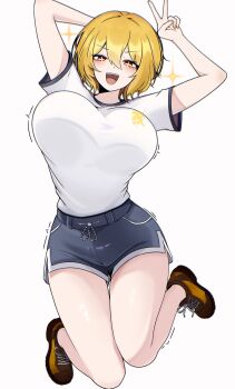 1girl blonde_hair breasts commentary don_quixote_(project_moon) english_commentary hair_between_eyes highres jumping large_breasts limbus_company m_ayonessa midair open_mouth project_moon shoes shorts simple_background smile sneakers solo sparkle sparkling_eyes teeth upper_teeth_only v yellow_nails