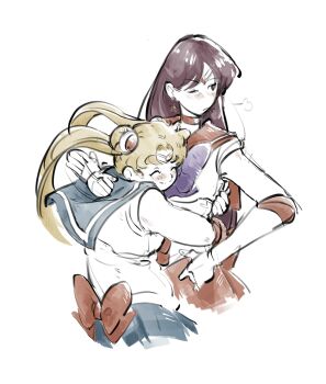 2girls averting_eyes back_bow bishoujo_senshi_sailor_moon blonde_hair blue_skirt blush bow brown_hair choker circlet closed_eyes hand_on_own_hip highres hino_rei hug mercuri0ff multiple_girls one_eye_closed pout red_bow red_choker red_sailor_collar red_skirt sailor_collar sailor_mars sailor_moon simple_background skirt smile thick_eyebrows tsukino_usagi white_background