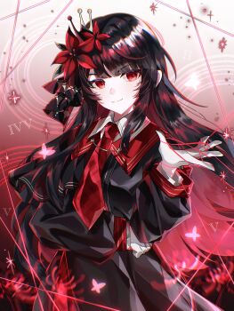 1girl absurdres black_dress black_hair bug butterfly chinese_commentary closed_mouth commentary_request dress flower hair_flower hair_ornament highres insect long_hair long_sleeves looking_at_viewer mahou_shoujo_no_majo_saiban necktie nikaido_hiro red_eyes red_flower red_hair red_necktie smile solo spider_lily weizhishu_vicky