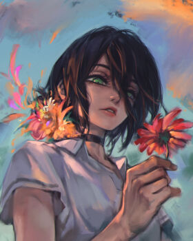 1girl absurdres black_choker chainsaw_man choker collared_shirt commentary english_commentary flower green_eyes hair_between_eyes hair_bun highres holding holding_flower long_hair_between_eyes looking_at_flowers painterly pareidolia parted_lips petals phantom_ix_row portrait red_flower reze_(chainsaw_man) shirt short_sleeves solo white_shirt