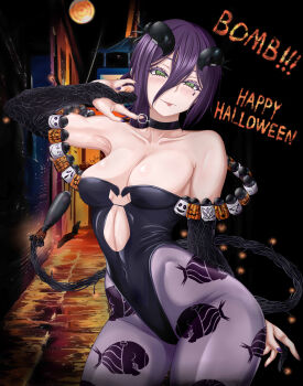 Rule 34 | 1girl, absurdres, albertcainhurst, black bridal gauntlets, black choker, black leotard, black nails, bomb devil (chainsaw man), breasts, bridal gauntlets, chainsaw man, character print, choker, green eyes, grenade pin, hair between eyes, halloween, highres, leotard, medium breasts, mouse (animal), pantyhose, print pantyhose, purple hair, purple pantyhose, reze (chainsaw man), solo, strapless, strapless leotard, tongue, tongue out