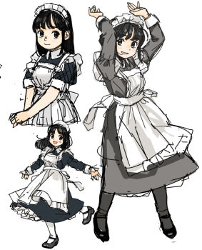3girls :s akai_sashimi apron arms_up black_dress black_hair black_shoes blush breasts closed_mouth dress floating_hair grey_dress grey_eyes grey_pantyhose grin light_blush long_hair long_sleeves looking_to_the_side maid maid_apron maid_headdress medium_breasts multiple_girls open_mouth original outstretched_arms own_hands_together pantyhose puffy_short_sleeves puffy_sleeves shoes short_sleeves simple_background sketch smile socks swept_bangs upper_body walking white_background white_socks white_trim