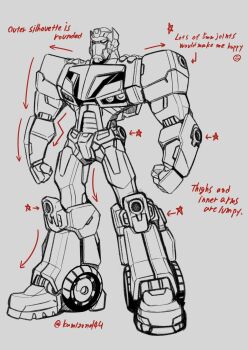 arrow_(symbol) autobot clenched_hands english_text full_body grey_background highres kamizono_(spookyhouse) mecha no_humans optimus_prime optimus_prime_(animated) robot science simple_background solo spot_color transformers transformers_animated twitter_username