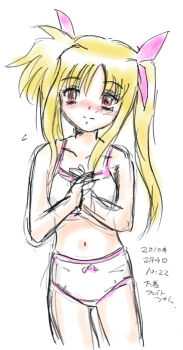 10s 1girl 2010 blonde_hair blush bow bow_panties bra collarbone crotch_seam dated fate_testarossa february flat_chest hair_ribbon loli long_hair looking_at_viewer lyrical_nanoha mahou_shoujo_lyrical_nanoha navel own_hands_together panties pink_bow pink_ribbon red_eyes ribbon sidelocks sketch smile standing su_(pixiv_263717) twintails underwear white_bra white_panties