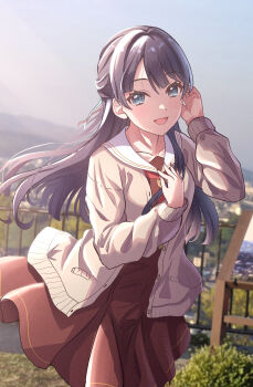 1girl absurdres blue_eyes blue_hair blue_sky brown_cardigan brown_dress cardigan citrusmikan commentary_request dress fence hair_ribbon hasu_no_sora_school_uniform highres link!_like!_love_live! long_hair long_sleeves looking_at_viewer love_live! murano_sayaka neckerchief open_mouth outdoors red_neckerchief ribbon sailor_collar school_uniform sky smile solo utatsuyama_park white_sailor_collar winter_uniform