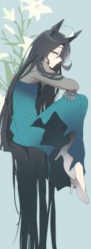 Rule 34 | 1girl, a world underneath, absurdly long hair, ahoge, alternate costume, animal ears, aqua background, black hair, crossed arms, dress, flower, green dress, grey footwear, half-closed eye, high heels, highres, horse ears, horse girl, invisible chair, jjan-uyu, lily (flower), long hair, long sleeves, looking at viewer, manhattan cafe (umamusume), sideways glance, simple background, sitting, solo, umamusume, very long hair, yellow eyes