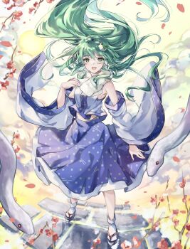 1girl :d above_clouds ankle_socks arm_at_side bare_shoulders blue_overskirt blue_trim branch cloud commentary_request detached_sleeves falling_petals floating floating_hair flower frog_hair_ornament gradient_sky green_eyes green_hair hair_between_eyes hair_ornament hair_tubes hand_on_own_chest highres kochiya_sanae long_hair looking_at_viewer midriff_peek nanop38 okobo open_mouth orange_sky outdoors patterned_clothing petals platform_sandals red_eyes red_flower sandals scarf shirt single_hair_tube single_sidelock skirt sky sleeveless smile snake snake_hair_ornament socks solo standing stone_walkway sun touhou very_long_hair white_shirt white_skirt white_sleeves white_snake white_socks wide_sleeves wind