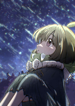 1girl ahoge belt black_dress black_eyes blonde_hair blush brown_belt brown_eyes cloak closed_mouth coat commentary_request creature creature_and_personification cropped_legs dr._stone dress fluffy_hair food fruit gradient_hair green_background green_dress green_hair hair_between_eyes highres holding holding_creature knees_up lab_coat long_sleeves looking_at_viewer looking_up mashiro_(user_65392488) medium_hair meteor_shower multicolored_hair night open_clothes personification scarf shooting_star short_hair simple_background sitting sky solo star_(sky) starry_sky suika_(dr.stone) watermelon
