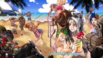 Rule 34 | arika, armpits, artist request, beach, blair dame, character request, cloud, dark-skinned male, dark skin, darun mister, fighting ex layer, flower, hair flower, hair ornament, highres, long hair, multiple boys, multiple girls, nanase (arika), official art, official wallpaper, open mouth, sanane, sand, shirase (arika), skullomania, smile, starfish, street fighter, swimsuit, x hair ornament