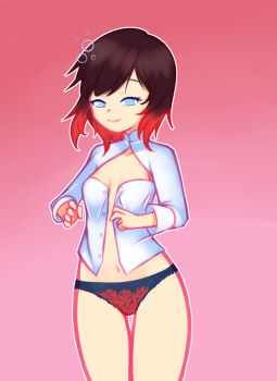 1girl black_hair black_panties breasts bubble collarbone drantyno floral_print gradient_background grey_eyes highres long_sleeves looking_down medium_breasts multicolored_hair navel open_clothes open_shirt panties pink_background print_panties red_hair red_panties rooster_teeth rose_print ruby_rose rwby shirt short_hair smile standing two-tone_hair underwear white_shirt