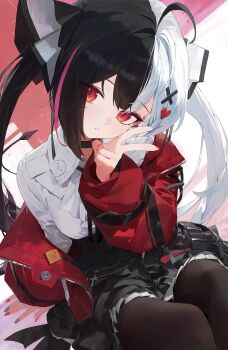 Rule 34 | 1girl, ahoge, black choker, black hair, black skirt, brown pantyhose, choker, collared shirt, commentary request, eyeshadow, hair ribbon, head tilt, high-waist skirt, highres, jacket, korean commentary, lacrimosa (neverness to everness), long hair, long sleeves, looking at viewer, makeup, modare, multicolored hair, nail polish, neverness to everness, off shoulder, open clothes, open jacket, pantyhose, parted lips, pleated skirt, red eyes, red jacket, ribbon, shirt, skirt, solo, split-color hair, streaked hair, twintails, two-tone hair, very long hair, white hair, white shirt