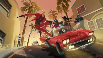 1girl 6+boys baby_5 banknote black_hair black_hat black_necktie black_shirt black_vest blonde_hair blue_hair brown_hair building car chasing cigarette damon_(damonn_h) dellinger_(one_piece) diamante_(one_piece) dollar_bill donquixote_doflamingo dress earrings facial_hair firing gladius_(one_piece) goatee green_shirt gun hat highres holding holding_gun holding_weapon huge_weapon jacket jewelry long_hair maid_headdress mask money motor_vehicle mouth_mask multiple_boys necktie one_piece open_mouth outdoors palm_tree police_car purple_dress red_eyes red_jacket red_necktie road senor_pink shirt short_hair smile street striped_clothes striped_jacket sunglasses teeth tree upper_teeth_only vergo_(one_piece) vertical-striped_clothes vertical-striped_jacket vest weapon white_shirt