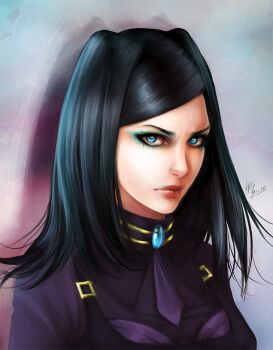 1girl bad_id bad_pixiv_id black_hair blue_eyes closed_mouth ergo_proxy eyeshadow female_focus lipstick long_hair looking_at_viewer makeup re-l_mayer solo upper_body