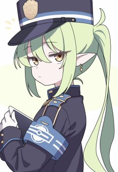 Rule 34 | 1girl, absurdres, armband, black hat, black jacket, blue archive, blue armband, commentary, earrings, expressionless, gloves, green hair, hat, highres, holding, holding tablet pc, jacket, jewelry, jitome, long hair, long sleeves, looking at viewer, notice lines, nozomi (blue archive), pointy ears, sidelocks, simple background, solo, tablet pc, twintails, upper body, vector (dmlddmld00), white gloves, yellow eyes
