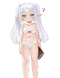 Rule 34 | 1girl, ?, bare arms, bare shoulders, blush, book, bow, bow bra, bra, closed mouth, collarbone, commentary request, dokomon, elf, flat chest, frieren, full body, green eyes, grey hair, highres, holding, holding book, long hair, looking at viewer, navel, panties, parted bangs, pointy ears, short eyebrows, simple background, solo, sousou no frieren, standing, strapless, strapless bra, thick eyebrows, twintails, underwear, underwear only, very long hair, white background, white bra, white panties