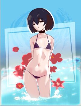 1girl arms_behind_back artist_name azmcch bare_shoulders bikini black_bikini black_eyes black_hair blue_border blue_sky bob_cut border breasts collarbone commentary cowboy_shot empty_eyes english_commentary flower groin hair_between_eyes highres hydrangea light_smile looking_at_viewer lowleg lowleg_bikini midriff monogatari_(series) narrowed_eyes navel ocean oshino_ougi outdoors outline outside_border pale_skin partially_submerged raised_eyebrows red_flower short_hair side-tie_bikini_bottom signature sky small_breasts smile smug solo splashing standing string_bikini swimsuit toned toned_female turning_head underboob wading water white_outline