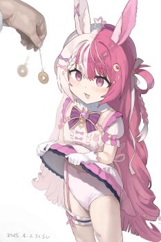 1girl :3 :d @_@ animal_ears artist_name bandaid bandaid_on_leg blush bow bowtie braid brooch center_frills chromashift clothes_lift coin coin_on_string commentary_request commission cowboy_shot crescent crescent_hair_ornament dated dress dress_bow dress_lift fang frilled_dress frilled_thigh_strap frills frown garter_straps gloves hair_ornament hair_ribbon hair_rings highres holding holding_pendulum holed_coin hypnosis jewelry lalabell_lullaby lifting_own_clothes long_hair magical_girl mind_control multicolored_hair open_mouth panties pendulum pink_eyes pink_hair pink_trim pov pov_hands puffy_short_sleeves puffy_sleeves purple_bow purple_bowtie rabbit_brooch rabbit_ears rabbit_girl ribbon short_sleeves simple_background single_garter_strap skeb_commission smile solo sparkle_hair_ornament split-color_hair star_ahoge susu_(ysy) thigh_strap underwear very_long_hair virtual_youtuber white_background white_gloves white_hair white_panties white_ribbon