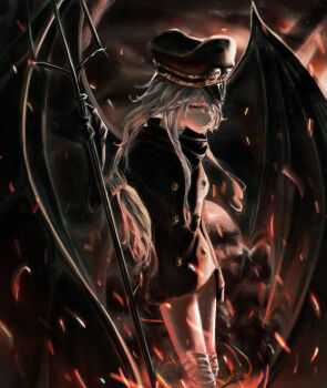 #bat #black #one #red #white 1girl bat_wings black_wings demon_girl demon_wings dybala41 embers fire gakuran gunko highres holding holding_pitchfork imu_(one_piece) long_hair one_piece pitchfork red_eyes school_uniform wings