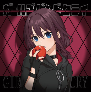 1girl absurdres apple black_choker black_gloves black_hoodie blue_eyes breasts brown_hair character_name choker fingerless_gloves food fruit girls_band_cry gloves hair_between_eyes highres holding holding_food holding_fruit hood hood_down hoodie iseri_nina jacket long_hair long_sleeves looking_at_viewer nail_polish nuoweisenlin_tongren_gongzuoshi red_nails solo upper_body